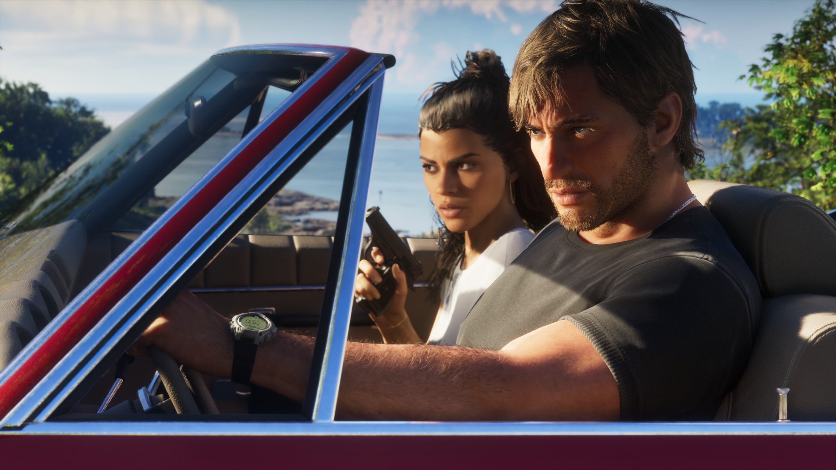 GTA VI evidence image — convertible on the coast