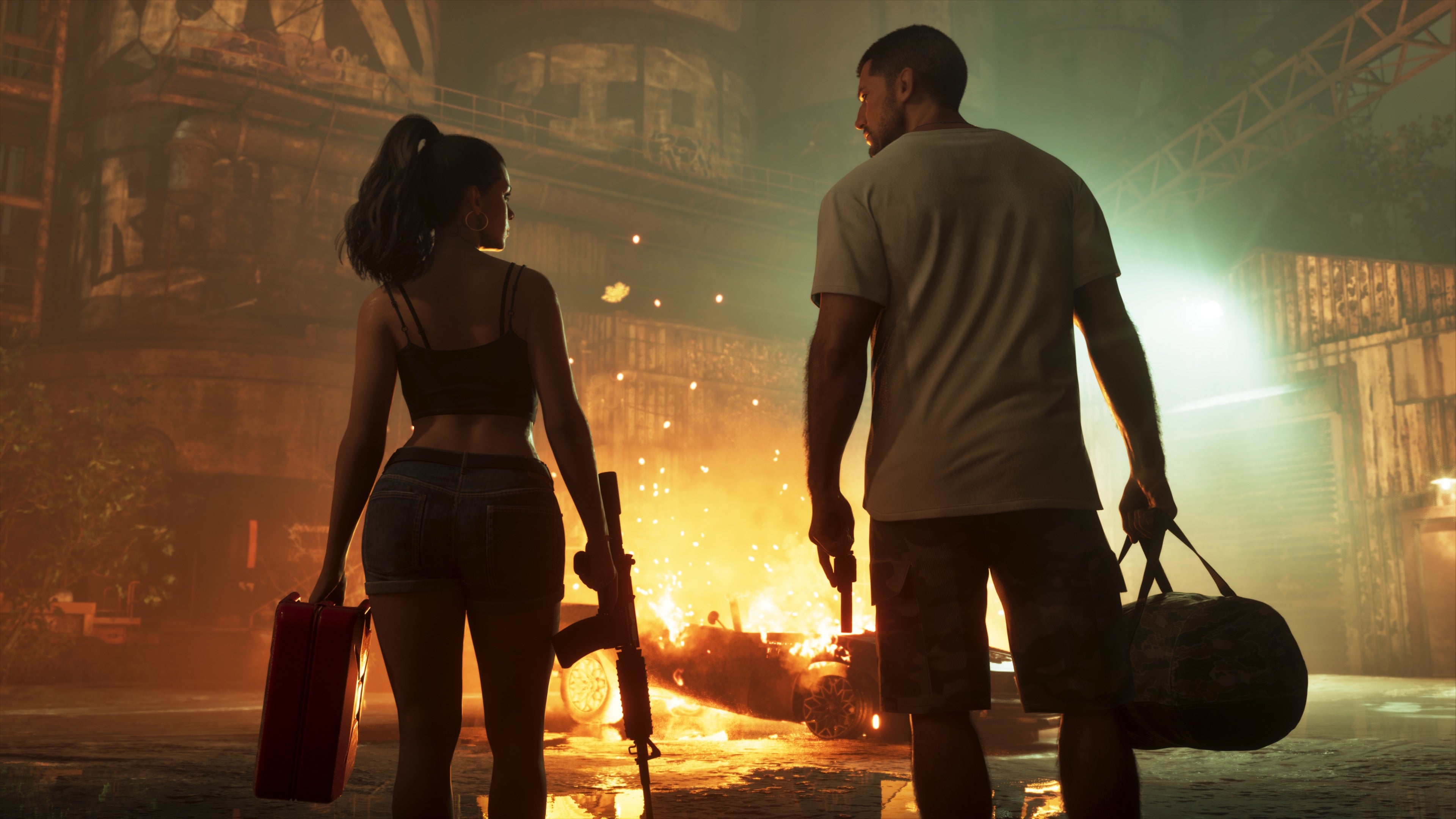 GTA VI evidence image — armed pair by a burning vehicle