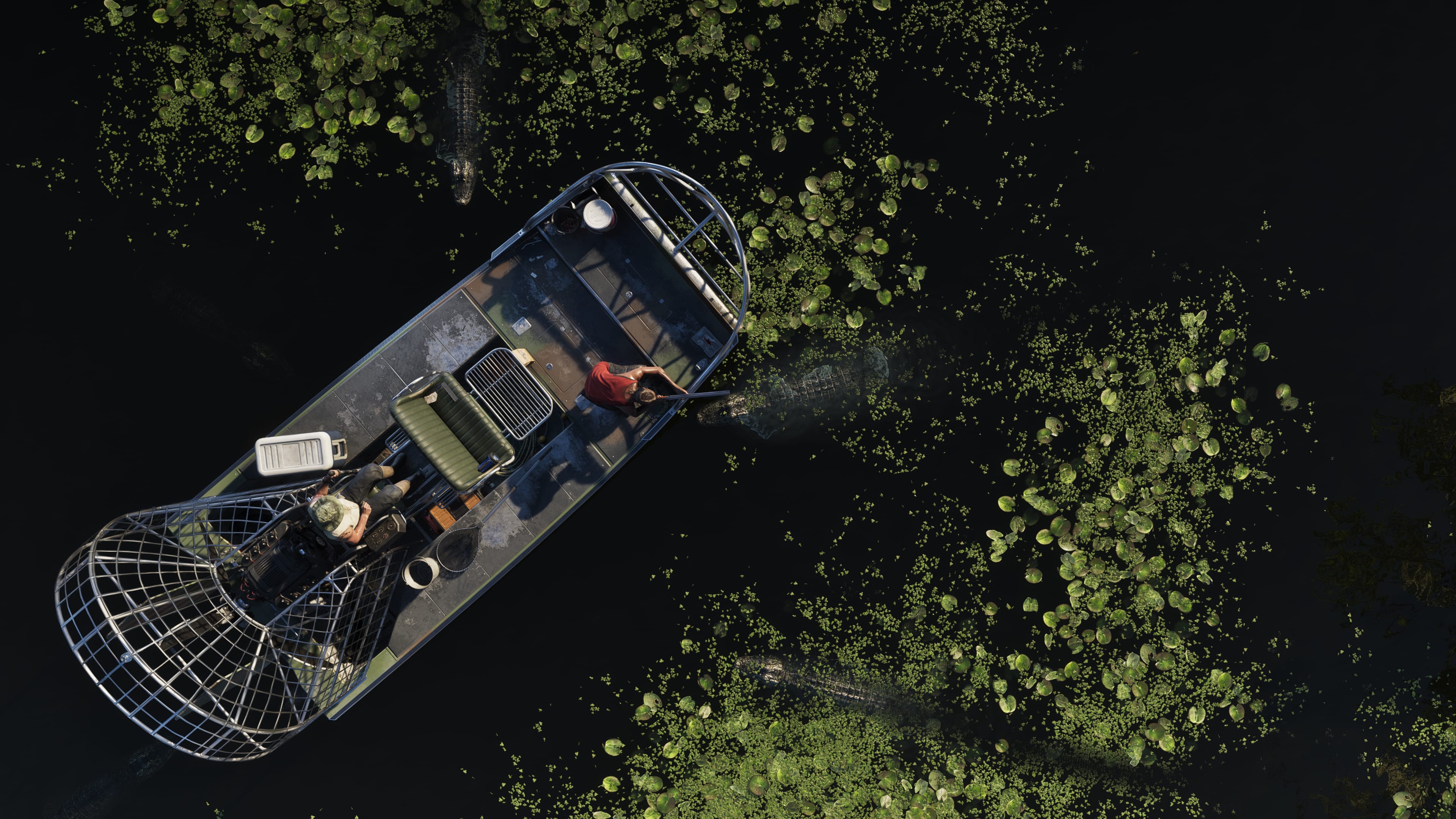 GTA VI — Aerial view of an airboat crossing the Grassrivers marsh