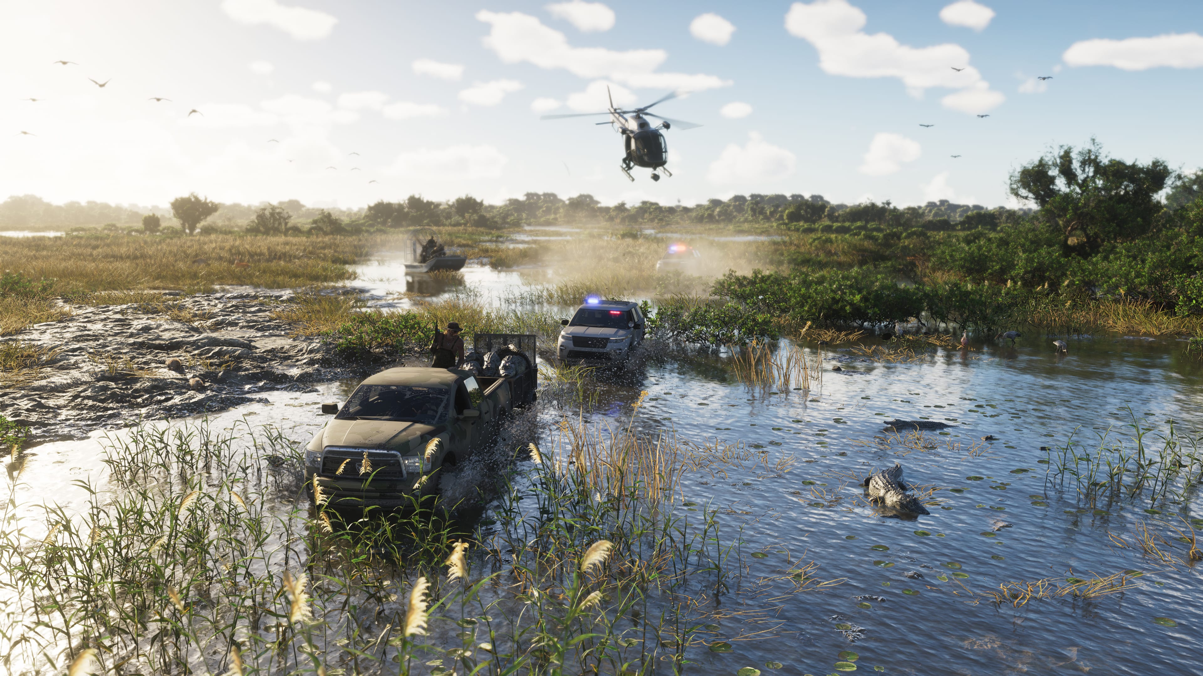 GTA VI — Vehicles and a helicopter crossing the flooded Grassrivers marsh
