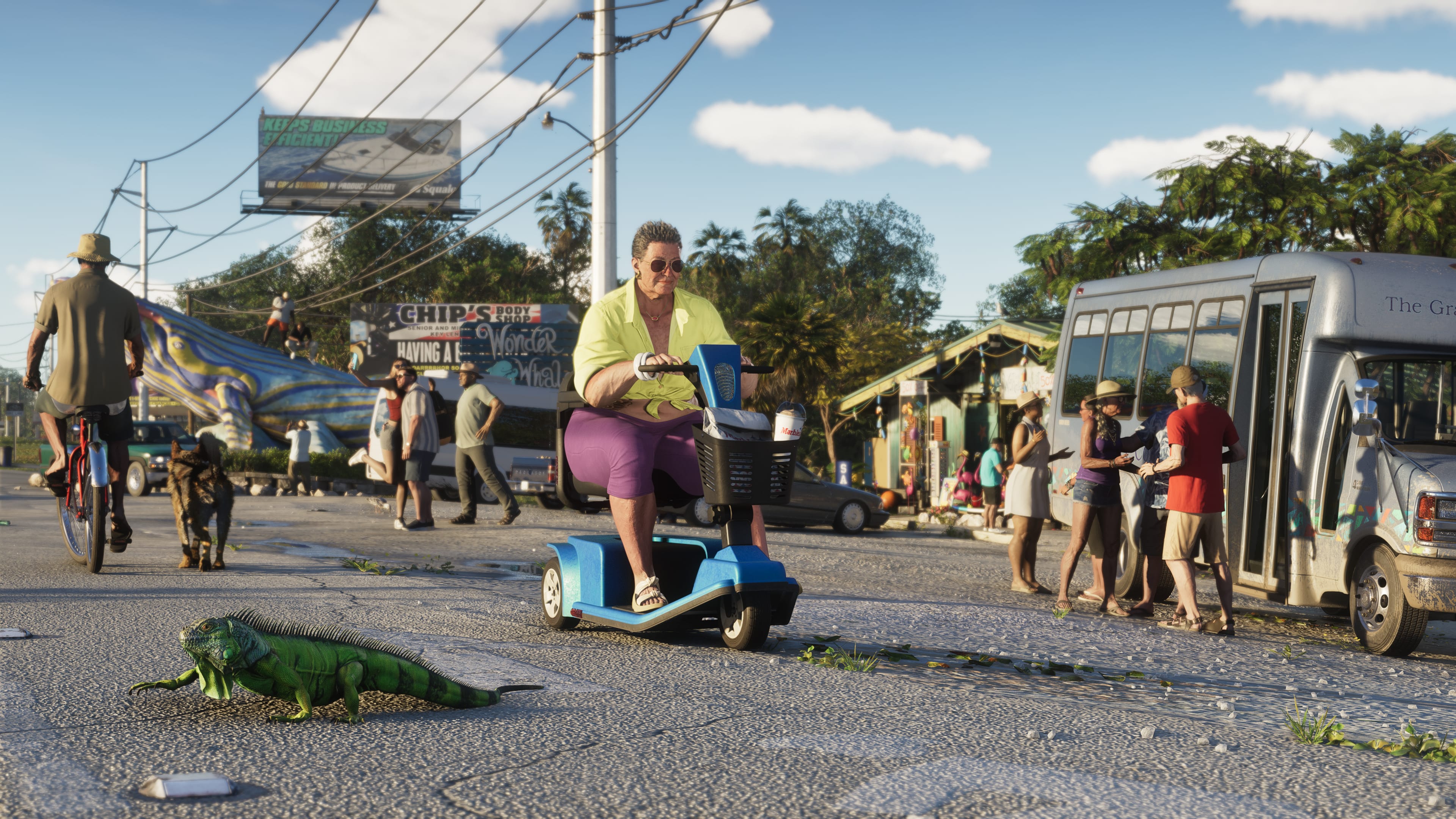 GTA VI — Leonida Keys street scene with a mobility scooter and iguana