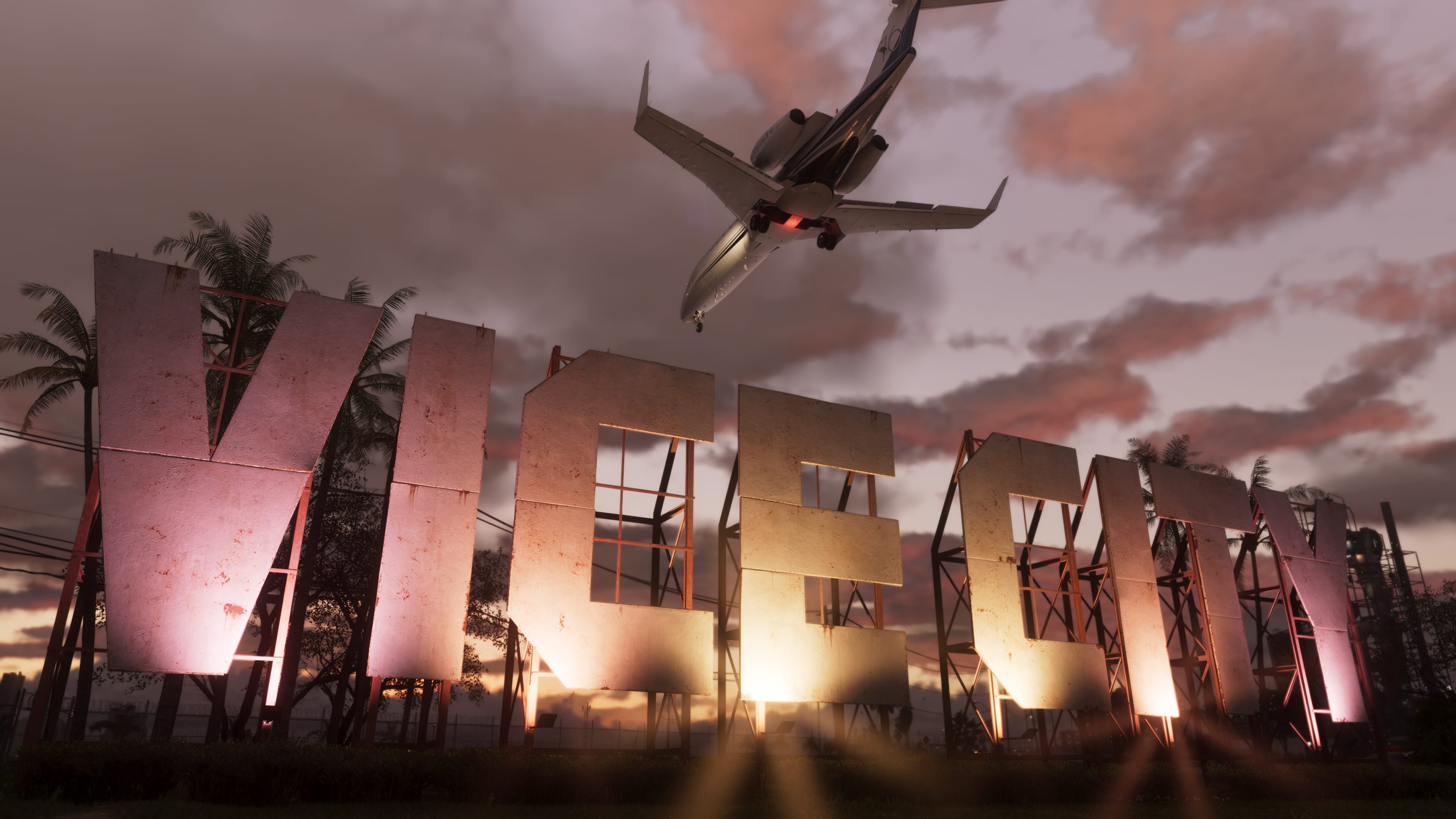 GTA VI — Vice City sign at dusk with aircraft overhead