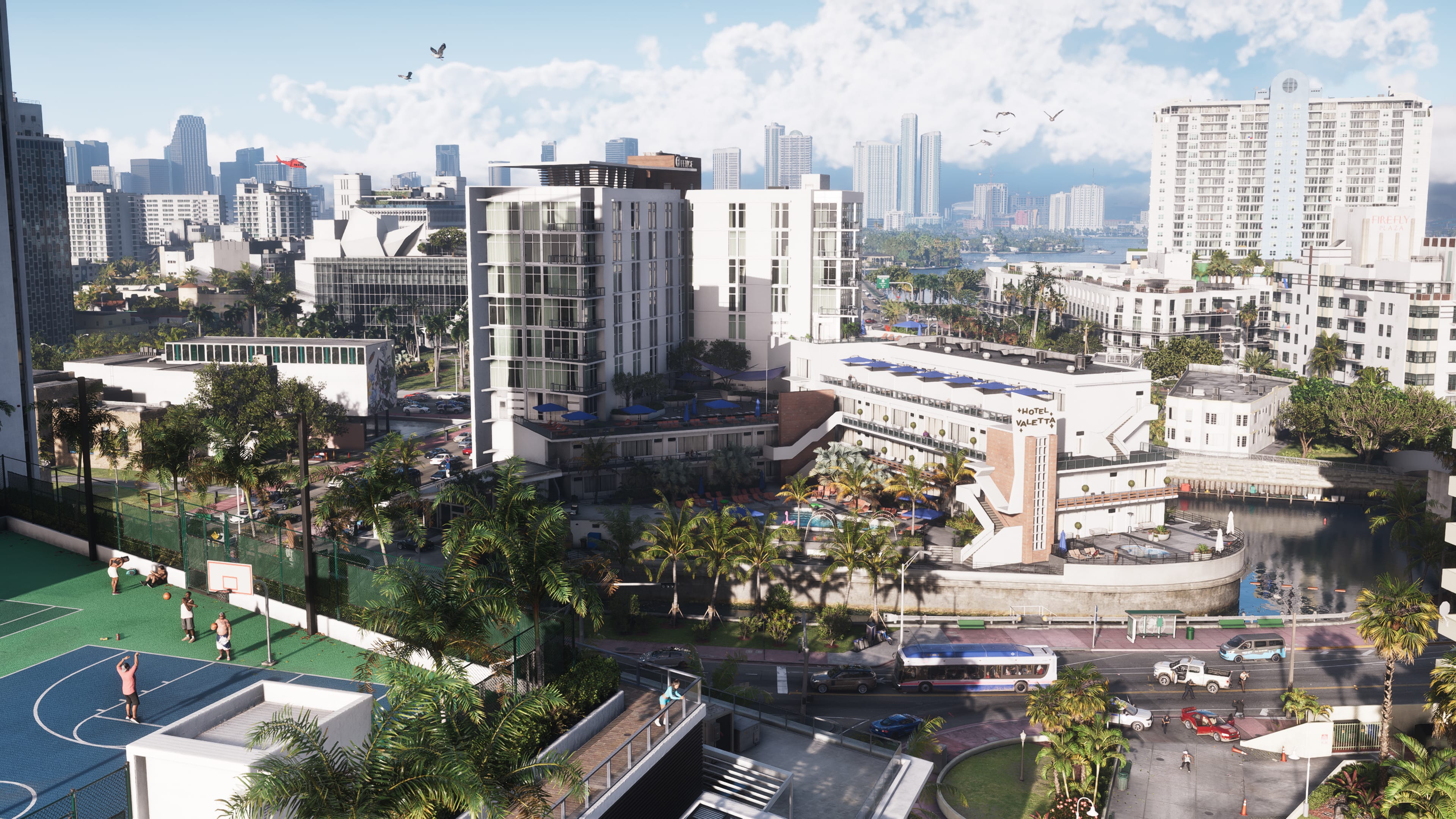 GTA VI — Vice City skyline and street traffic by day