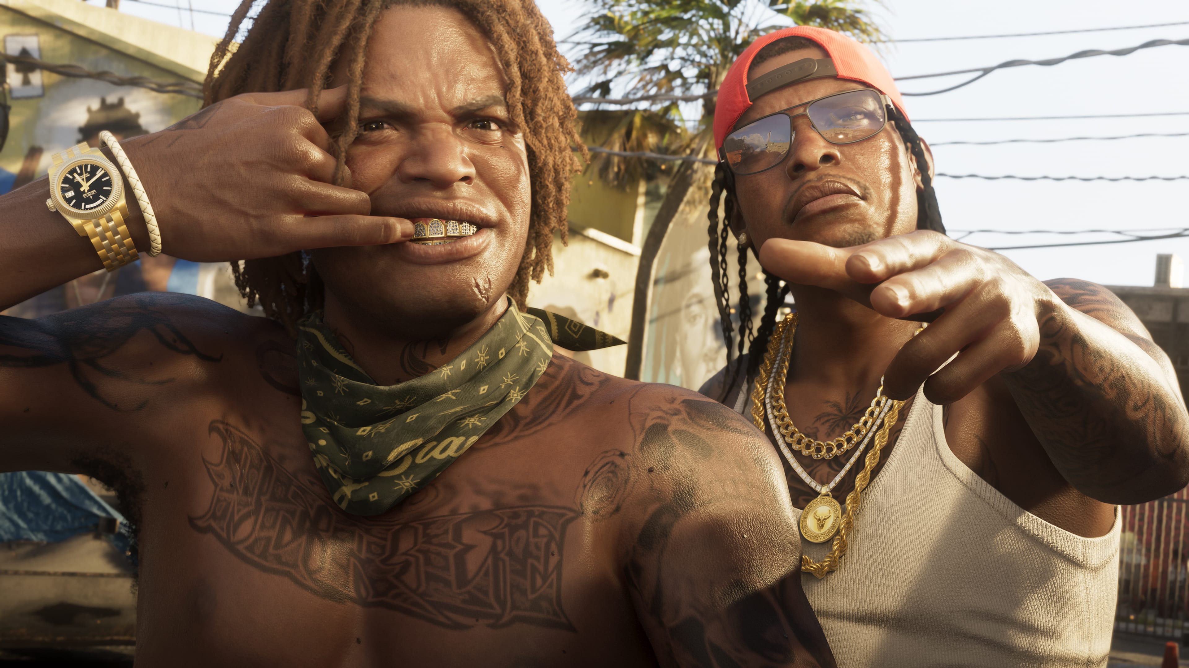 GTA VI — Two characters showing off jewelry in Vice City
