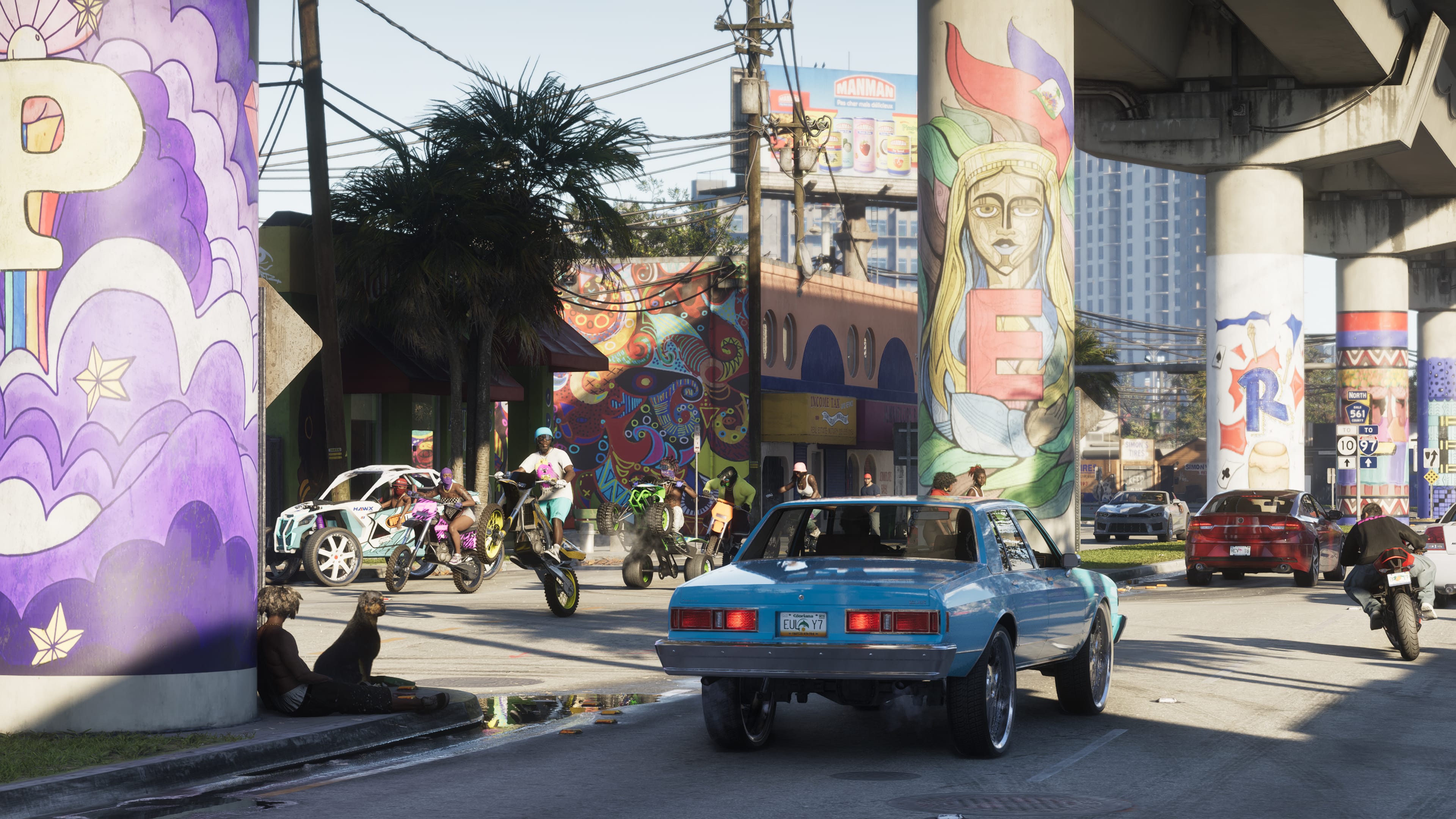 GTA VI — Vice City street scene under a highway overpass