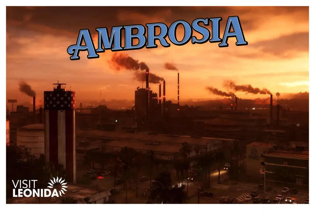 GTA VI — "Visit Leonida" promotional graphic for Ambrosia, over a sunset view of the industrial skyline
