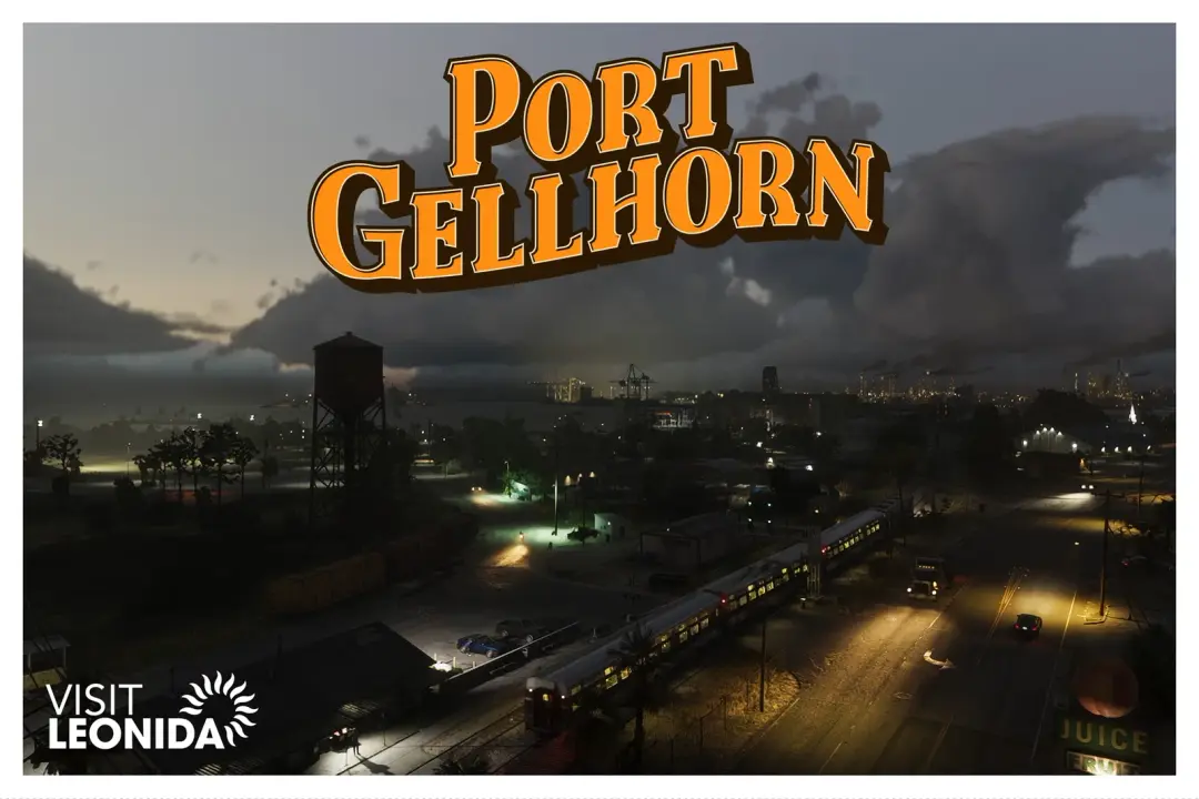 GTA VI — "Visit Leonida" promotional graphic for Port Gellhorn, over a dusk view of the industrial waterfront