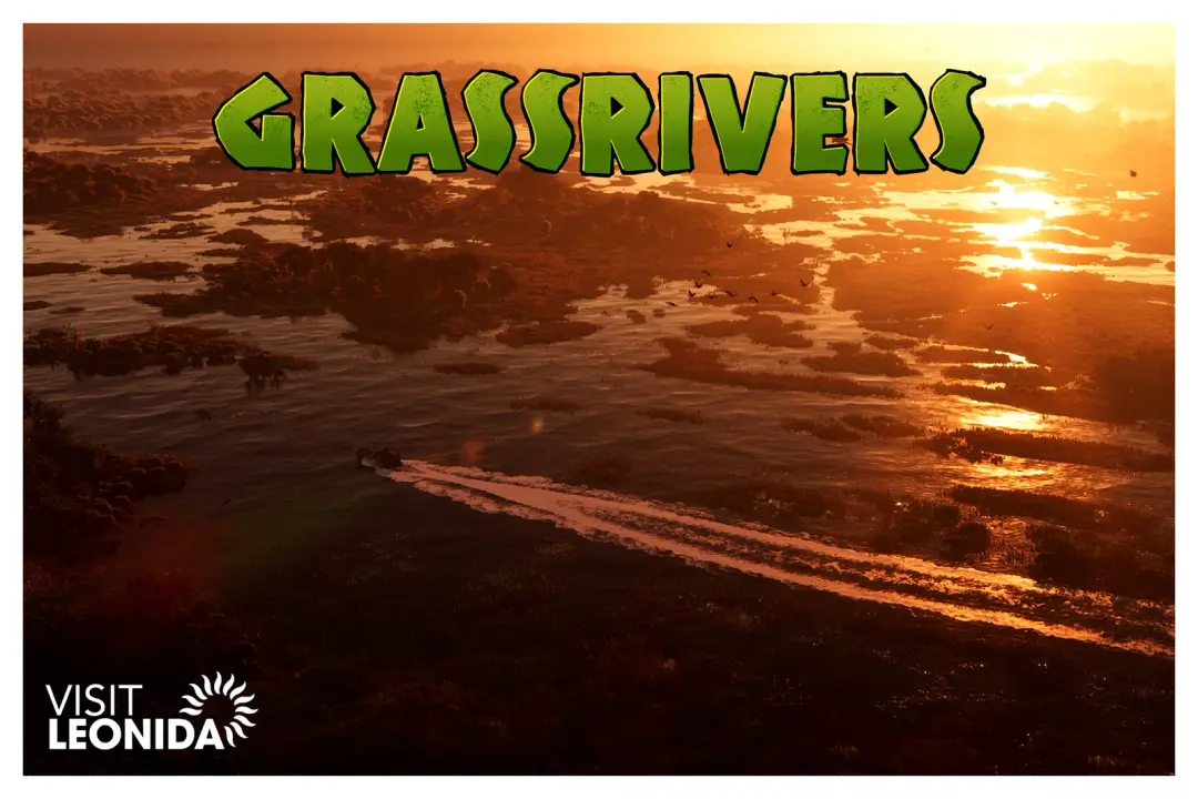 GTA VI — "Visit Leonida" promotional graphic for Grassrivers, over an aerial view of the marshland