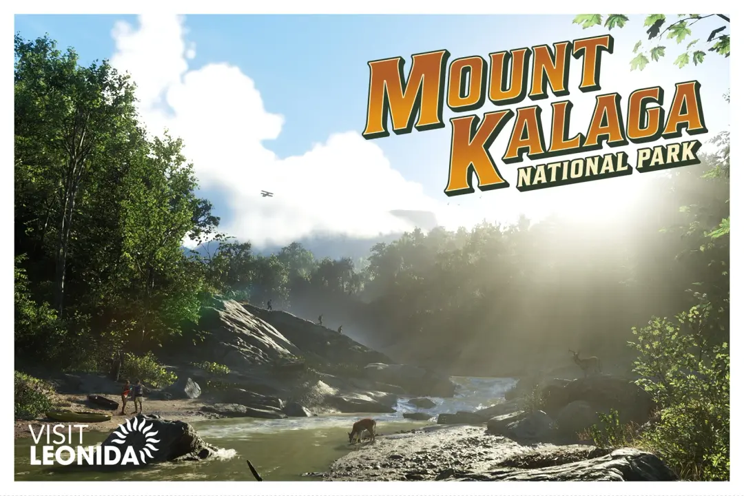 GTA VI — "Visit Leonida" promotional graphic for Mount Kalaga National Park, over a forest river view