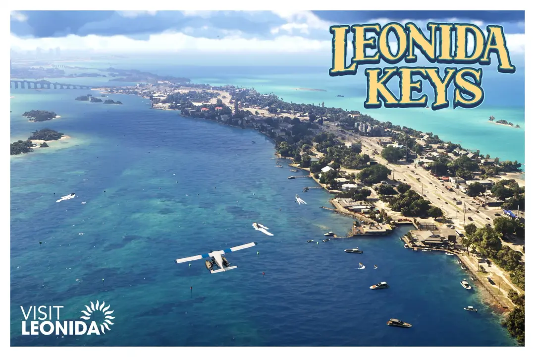 GTA VI — "Visit Leonida" promotional graphic for Leonida Keys, over an aerial view of the island chain and causeway