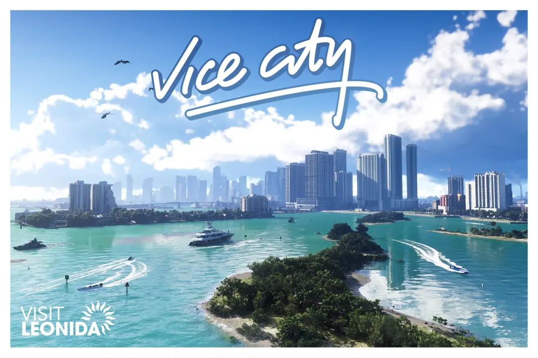 GTA VI — "Visit Leonida" promotional graphic for Vice City, over an aerial view of the city skyline and waterfront